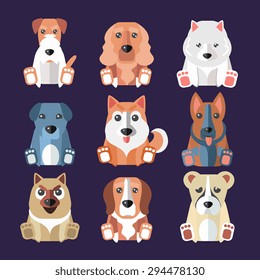 Set of flat popular breeds of dogs icons. Vector illustration.