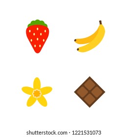 Set of flat popular food and drink flavors including strawberry, banana, vanilla, chocolate isolated on white background.
