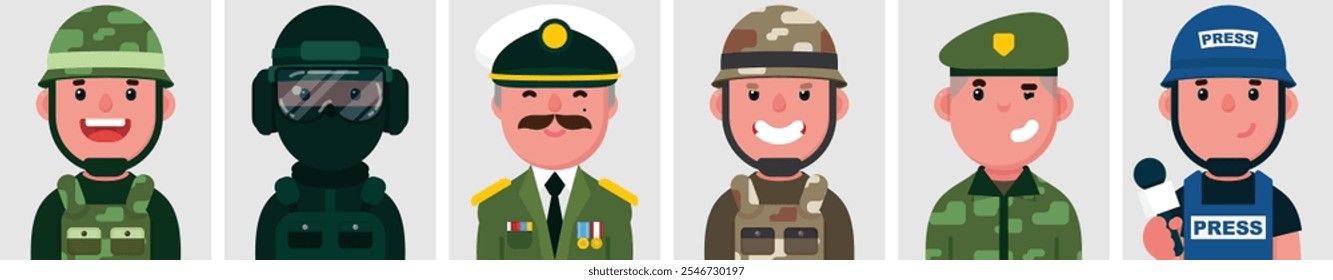 Conjunto de retratos planos de hombres del ejército. Colección de personajes de dibujos animados de colores hombres, imagen de perfiles, soldado, guerrero, comandante, fuerzas especiales, fuerzas navales, prensa, Ilustración vectorial.