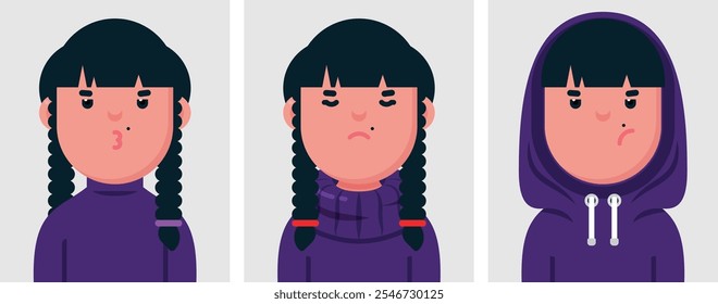 Conjunto de retratos planos de mujer mala y deprimente. Colección de personaje de dibujos animados de color chica triste en diferentes poses y trajes, fotos de perfiles, Ilustración vectorial.