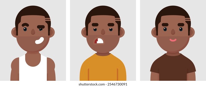 Conjunto de retratos planos de homem negro usar topo Tanque. Coleção de caricaturas coloridas do homem africano em poses diferentes e roupas, perfis de imagens, ilustração vetorial.