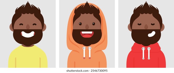 Conjunto de retratos planos de hombre negro con capucha. Colección de personajes de dibujos animados de colores Hombre africano en diferentes poses y trajes, fotos de perfiles, Ilustración vectorial.