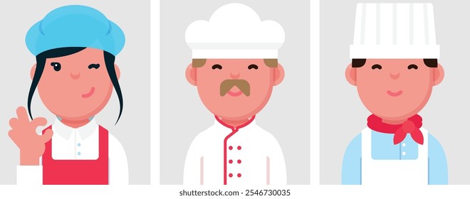 Set of flat portraits of chef and Chef's assistant. Collection of colored cartoon characters cook woman and man in kitchen, profile picture, vector illustration.