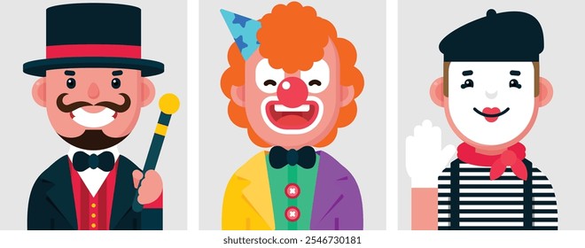 Conjunto de retratos planos de gente de circo. Colección de personajes de dibujos animados de colores hombres, imagen de perfil, mago, mago, payaso, mimo, Ilustración vectorial.
