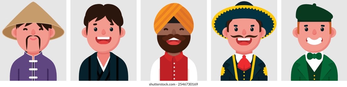 Conjunto de retratos planos de hombres de diferentes nacionalidades. Colección de personajes de dibujos animados de colores hombres, imagen de perfiles, chino, indio, japonés, irlandés, mexicano, Ilustración vectorial.