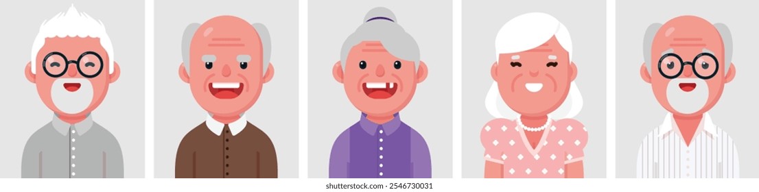 Set of flat portraits of elderly people. Collection of colored cartoon characters old woman and man, profile picture, vector illustration.