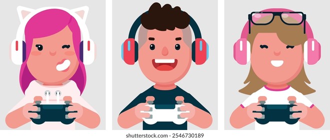 Conjunto de retratos planos de pessoas de jogadores em fluxo contínuo. Coleção de personagens de desenhos animados coloridos menina e menino jogando videogames, imagem de perfil, ilustração vetorial.

