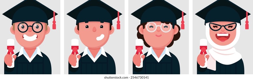 Conjunto de retratos planos de estudantes de pós-graduação. Coleção de personagens de desenhos animados coloridos jovem mulher e homem na universidade, imagem de perfil, ilustração vetorial.