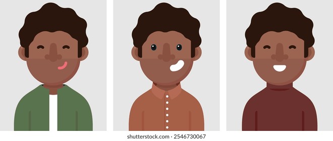 Conjunto de retratos planos de homem negro afro feliz. Coleção de personagem de desenho animado colorido homem em diferentes poses e roupas, perfis de imagens, ilustração vetorial.