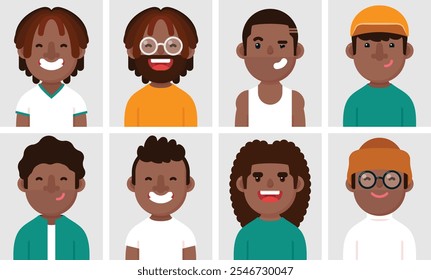 Conjunto de retratos planos de homens negros felizes. Coleção de personagens de desenhos animados coloridos homens em roupas diferentes, imagem de perfis, ilustração vetorial.
