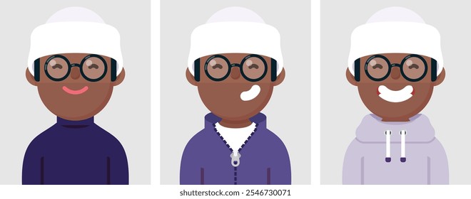 Conjunto de retratos planos de homem negro feliz usar óculos e gorro, Coleção de homem personagem de desenho animado colorido em diferentes poses e roupas, perfis de imagens, ilustração vetorial.