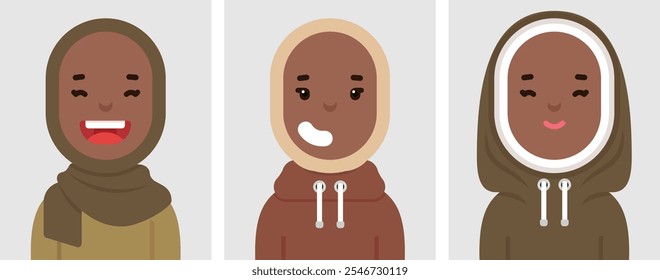 Set of flat portraits of happy black Muslim woman wearing Hijab. Collection of colored cartoon character elegant woman in different poses and outfits, profiles pictures, vector illustration.