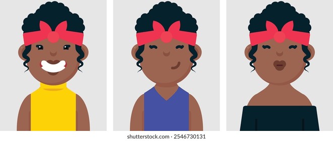 Set of flat portraits of happy black woman with Curly hair. Collection of colored cartoon character girl in different poses and outfits, profiles pictures, vector illustration.