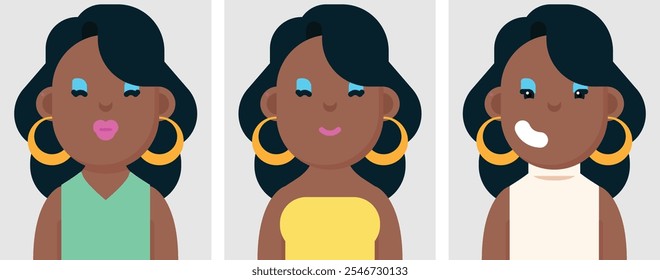 Set of flat portraits of happy black woman with wavy hair. Collection of colored cartoon character elegant woman in different poses and outfits, profiles pictures, vector illustration.