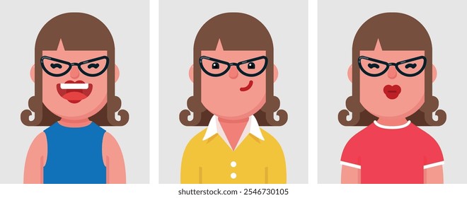 Conjunto de retratos planos de mujer rubia feliz con gafas. Colección de mujer de personaje de dibujos animados de colores en diferentes poses y trajes, fotos de perfiles, Ilustración vectorial.