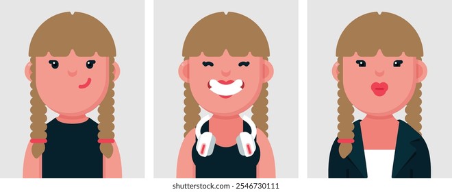 Conjunto de retratos planos de mujer rubia feliz. Colección de mujer de personaje de dibujos animados de colores en diferentes poses y trajes, fotos de perfiles, Ilustración vectorial.