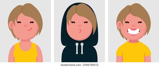 Conjunto de retratos planos de mujer rubia feliz con sudadera con capucha. Colección de mujer de personaje de dibujos animados de colores en diferentes poses y trajes, fotos de perfiles, Ilustración vectorial.