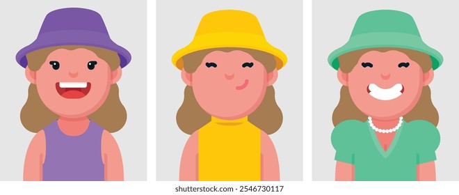 Conjunto de retratos planos de mujer rubia feliz con sombrero de cubo. Colección de personaje de dibujos animados de colores mujer elegante en diferentes poses y trajes, perfiles de imágenes, Ilustración vectorial.