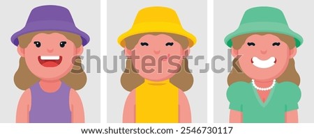 Set of flat portraits of happy blond woman wearing bucket hat. Collection of colored cartoon character elegant woman in different poses and outfits, profiles pictures, vector illustration.