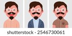 Set of flat portraits of happy man with Mustache. Collection of colored cartoon character man in different poses and outfits, profiles pictures, vector illustration.