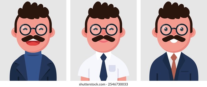 Set of flat portraits of happy man wearing suit and glasses. Collection of colored cartoon character man in different poses and outfits, profiles pictures, vector illustration.