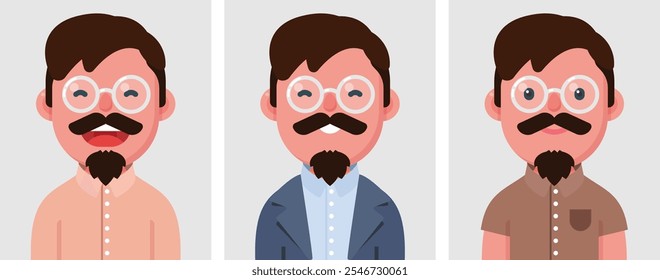 Conjunto de retratos planos de homem feliz com bigode. Coleção de personagem de desenho animado colorido homem em diferentes poses e roupas, perfis de imagens, ilustração vetorial.