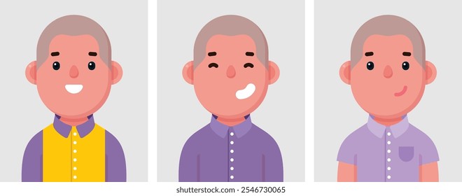 Set of flat portraits of Happy man. Collection of colored cartoon character man in different poses and outfits, profiles pictures, vector illustration.