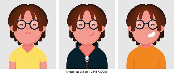 Conjunto de retratos planos de homem feliz com estilo de cabelo Finger Twists, Coleção de personagem de desenho animado colorido homem em poses e roupas diferentes, perfis de imagens, ilustração vetorial.