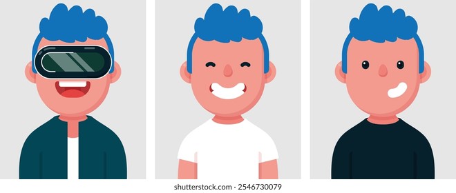 Set of flat portraits of happy man with blue hair wear vr glasses. Collection of colored cartoon character man in different poses and outfits, profiles pictures, vector illustration.