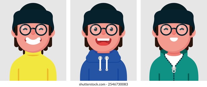 Conjunto de retratos planos de homem feliz vestindo Beanie. Coleção de personagem de desenho animado colorido homem em diferentes poses e roupas, perfis de imagens, ilustração vetorial.