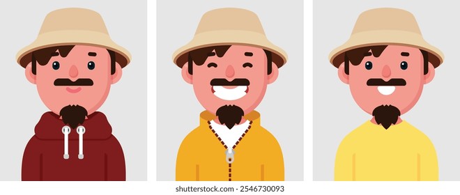 Conjunto de retratos planos de homem feliz com bigode usando chapéu de balde. Coleção de personagem de desenho animado colorido homem em diferentes poses e roupas, perfis de imagens, ilustração vetorial.