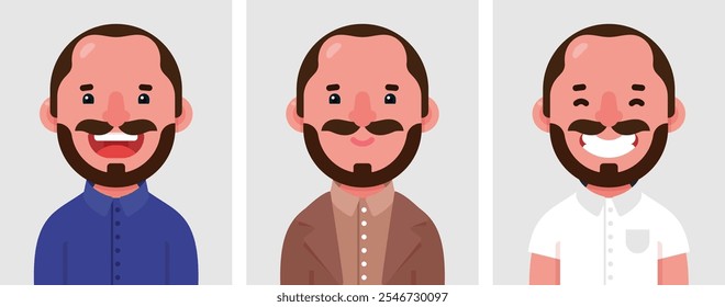 Conjunto de retratos planos de homem feliz, Coleção de personagem de desenho animado colorido homem com cavanhaque em poses e roupas diferentes, perfis de imagens, ilustração vetorial.