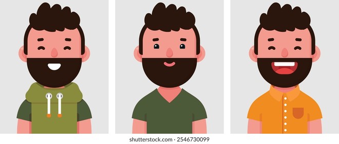 Set of flat portraits of Happy man, Collection of colored cartoon character man with beard in different poses and outfits, profiles pictures, vector illustration.