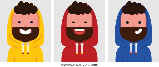 Conjunto de retratos planos de hombre feliz con sudadera con capucha. Colección de personajes de dibujos animados de colores Hombre africano en diferentes poses y trajes, fotos de perfiles, Ilustración vectorial.