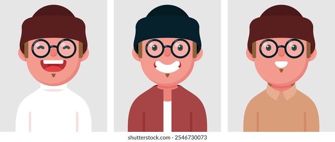 Conjunto de retratos planos de homem russo feliz usar óculos e gorro, Coleção de homem personagem de desenho animado colorido em diferentes poses e roupas, perfis de imagens, ilustração vetorial.