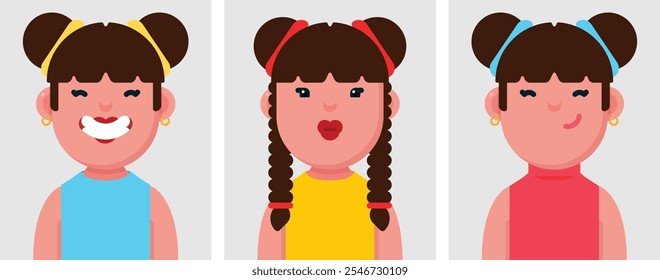 Set of flat portraits of happy smiling woman with space buns hair style. Collection of colored cartoon character girl in different poses and outfits, profiles pictures, vector illustration.