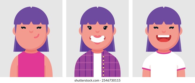 Set of flat portraits of happy smiling woman with purple hair. Collection of colored cartoon character woman in different poses and outfits, profiles pictures, vector illustration.