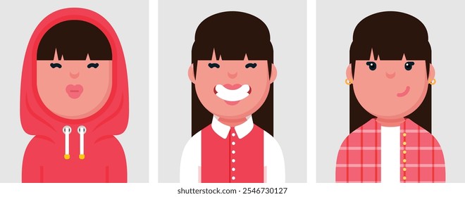 Set of flat portraits of happy smiling woman. Collection of colored cartoon character girl in different poses and outfits, profiles pictures, vector illustration.