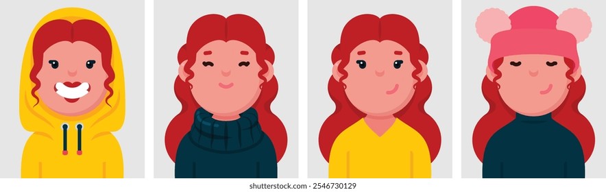 Conjunto de retratos planos de mulher feliz e sorridente com cabelo vermelho usando gorro pom-pom. Coleção de menina personagem de desenho animado colorido em poses diferentes e roupas, perfis de imagens, ilustração vetorial.