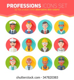 Set of flat portraits icons with people of different professions - worker, teacher, cook, maid, businessman, doctor, policeman, stewardess, fireman