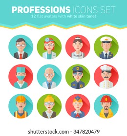 Set of flat portraits icons with people of different professions - worker, teacher, cook, maid, businessman, doctor, policeman, stewardess, fireman