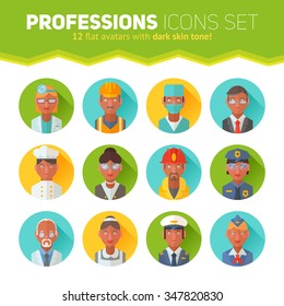 Set of flat portraits icons with people with dark skin tone, different professions - worker, teacher, cook, maid, businessman, doctor, policeman, stewardess, fireman