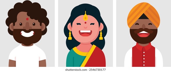 Conjunto de retratos planos de indios. Colección de personajes de dibujos animados de colores mujer y hombre con vestido tradicional de la India, imagen de perfil, Ilustración vectorial.