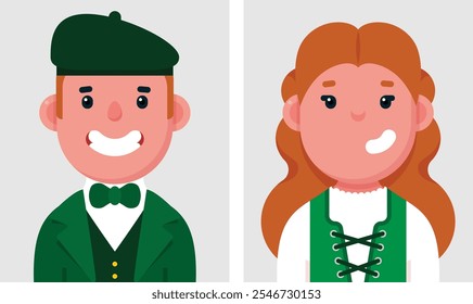 Conjunto de retratos planos de personas irlandesas. Colección de personajes de dibujos animados de colores mujer y hombre con vestido tradicional de Irlanda, imagen de perfil, Ilustración vectorial.