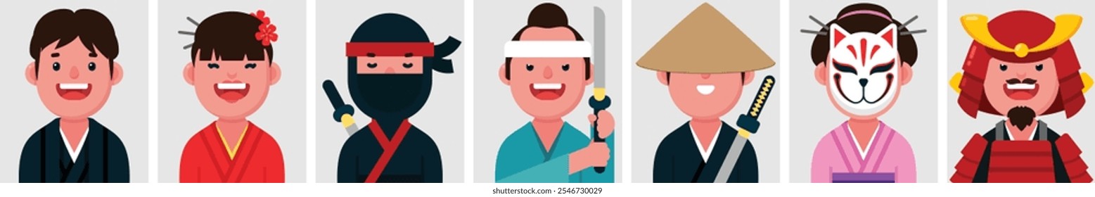 Conjunto de retratos planos de japoneses con ninja y guerrero samurai. Colección de personajes de dibujos animados de colores mujer y hombre con vestido tradicional de Japón, imagen de perfil, Ilustración vectorial.