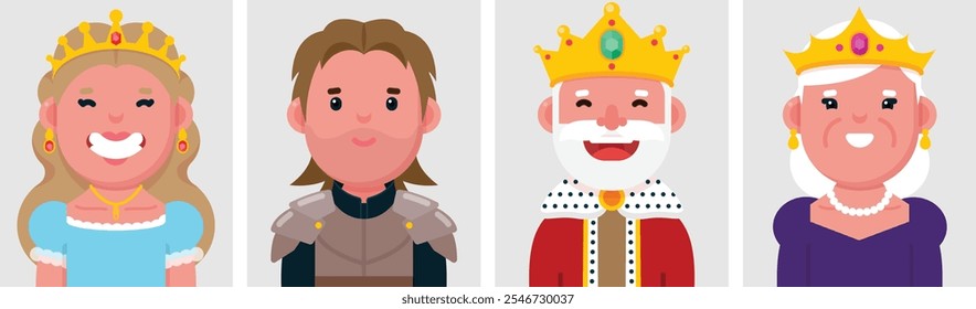 Conjunto de retratos planos de pessoas do Reino. Coleção de personagens de desenhos animados coloridos Rei, Rainha, Princesa, Cavaleiro, imagem de perfil, ilustração vetorial.