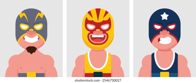 Conjunto de retratos planos de luta livre mexicana. Coleção de personagem de desenho animado colorido esporte homem com máscaras lucha em diferentes poses e roupas, perfis de imagens, ilustração vetorial.