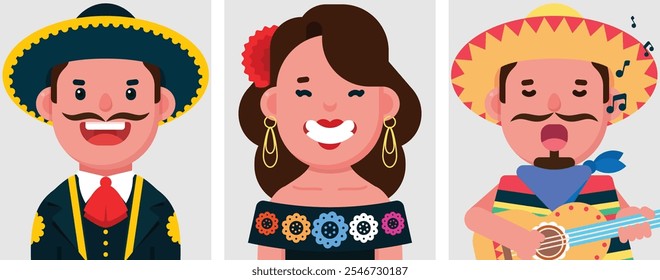 Conjunto de retratos planos de mexicanos. Colección de personajes de dibujos animados de colores mujer y hombre con vestido tradicional de México, imagen de perfil, Ilustración vectorial.