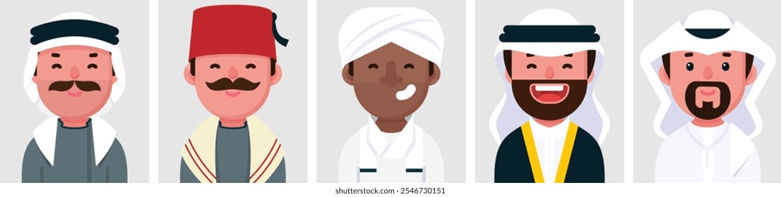 Set of flat portraits of muslim arabic people. Collection of colored cartoon characters arab men, profile picture, Sudanese, Syrian, Palestinian, Saudi, Emirati, vector illustration.