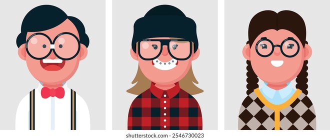 Conjunto de retratos planos de estudiantes nerd. Colección de personajes de dibujos animados de colores inteligente niña y niño, imagen de perfil, Ilustración vectorial.